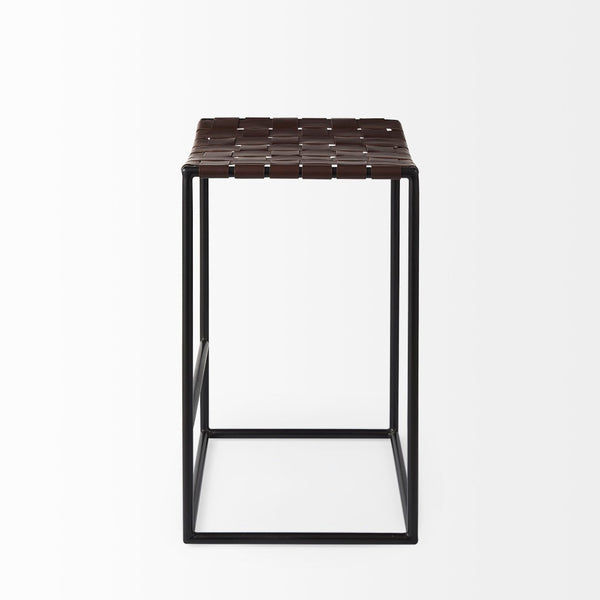 Mercana Clarissa Dark Brown Woven Leather Counter Stool with Sturdy Black Iron Frame for Modern Spaces Brown Leather | Black Metal | Counter 69393