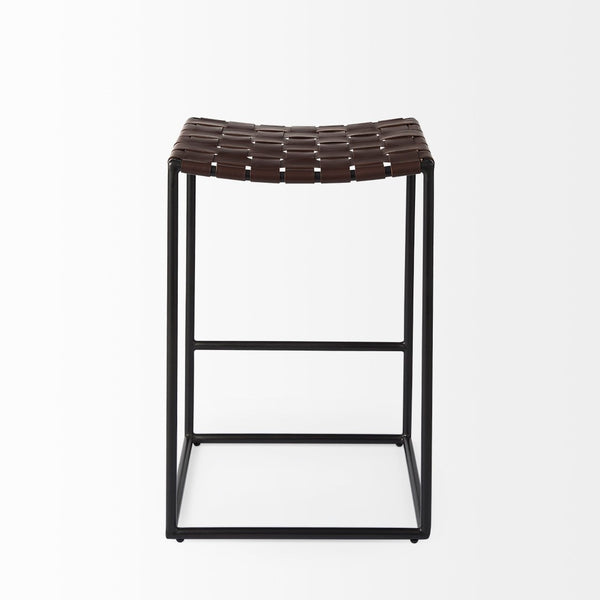 Mercana Clarissa Dark Brown Woven Leather Counter Stool with Sturdy Black Iron Frame for Modern Spaces Brown Leather | Black Metal | Counter 69393