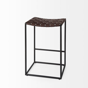 Mercana Clarissa Dark Brown Woven Leather Counter Stool with Sturdy Black Iron Frame for Modern Spaces Brown Leather | Black Metal | Counter 69393