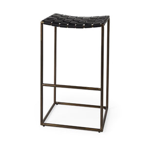 Mercana Clarissa Dark Brown Woven Leather Counter Stool with Sturdy Black Iron Frame for Modern Spaces Black Leather | Gold Metal | Bar 69394