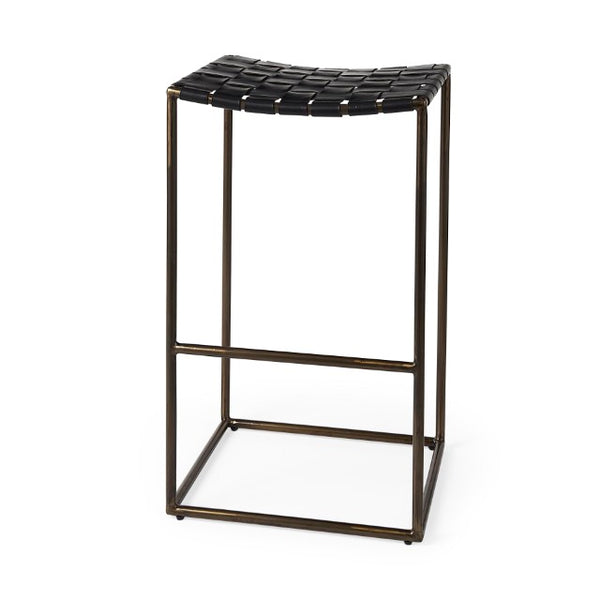 Mercana Clarissa Dark Brown Woven Leather Counter Stool with Sturdy Black Iron Frame for Modern Spaces Black Leather | Gold Metal | Bar 69394