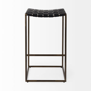 Mercana Clarissa Dark Brown Woven Leather Counter Stool with Sturdy Black Iron Frame for Modern Spaces Black Leather | Gold Metal | Bar 69394