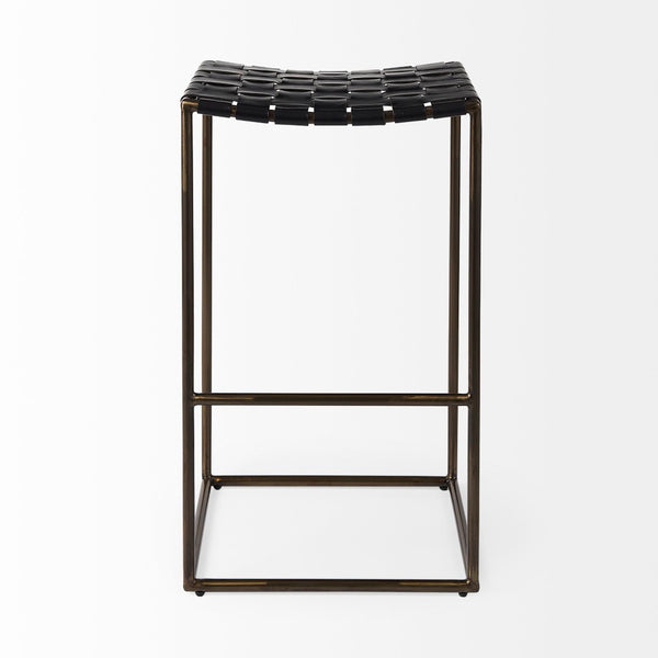 Mercana Clarissa Dark Brown Woven Leather Counter Stool with Sturdy Black Iron Frame for Modern Spaces Black Leather | Gold Metal | Bar 69394