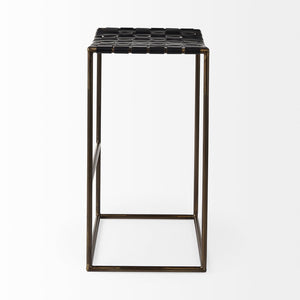 Mercana Clarissa Dark Brown Woven Leather Counter Stool with Sturdy Black Iron Frame for Modern Spaces Black Leather | Gold Metal | Bar 69394
