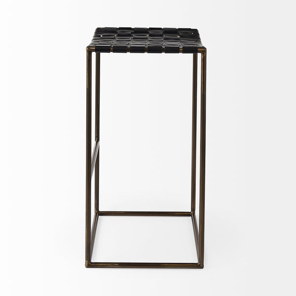 Mercana Clarissa Dark Brown Woven Leather Counter Stool with Sturdy Black Iron Frame for Modern Spaces Black Leather | Gold Metal | Bar 69394