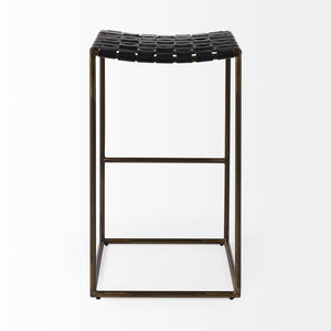 Mercana Clarissa Dark Brown Woven Leather Counter Stool with Sturdy Black Iron Frame for Modern Spaces Black Leather | Gold Metal | Bar 69394