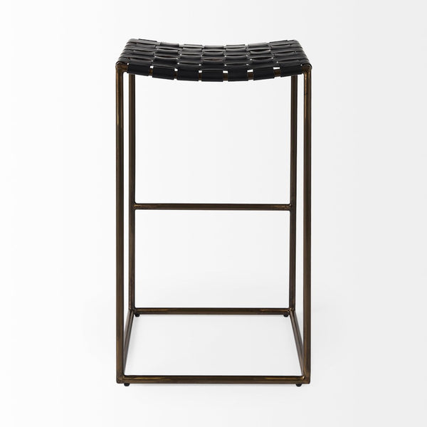 Mercana Clarissa Dark Brown Woven Leather Counter Stool with Sturdy Black Iron Frame for Modern Spaces Black Leather | Gold Metal | Bar 69394