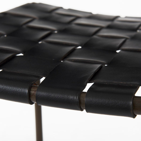 Mercana Clarissa Dark Brown Woven Leather Counter Stool with Sturdy Black Iron Frame for Modern Spaces Black Leather | Gold Metal | Bar 69394