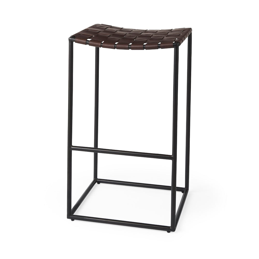 Mercana Clarissa Dark Brown Woven Leather Counter Stool with Sturdy Black Iron Frame for Modern Spaces Brown Leather | Black Metal | Bar 69395