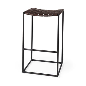 Mercana Clarissa 18.0l X 16.0w X 30.25h Dark Brown Woven Leather Seat W/ Black Metal Frame Bar Stool Brown Leather | Black Metal | Bar Metal 69395