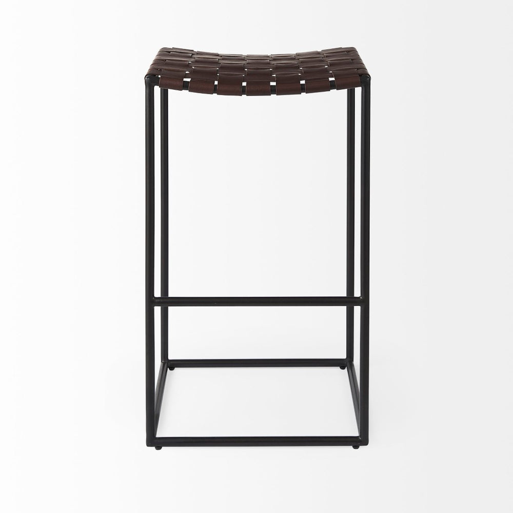 Mercana Clarissa Dark Brown Woven Leather Counter Stool with Sturdy Black Iron Frame for Modern Spaces Brown Leather | Black Metal | Bar 69395