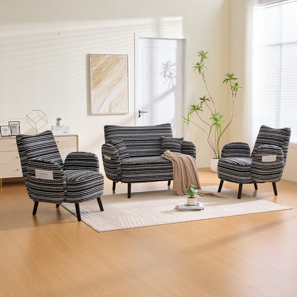 English Elm Modern tufted two-seater sofa with boucle upholstery, tapered legs, storage pockets, cozy compact design Black W395P376591