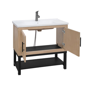 English Elm 36" Freestanding Bathroom Vanity with White Ceramic Sink, Adjustable Feet, Metal Hinges, Shelf Natural W688P224379