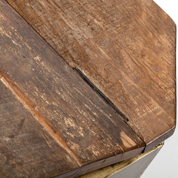 Mercana Esagono Octagonal Reclaimed Wood End Table with Storage - Rustic Industrial Accent for Any Space Natural Wood | Brass 68902