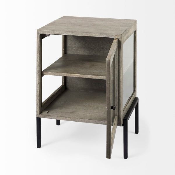 Mercana Arelius End Table: Elegant Mango Wood with Glass Shadowbox and Matte Black Frame for Modern Living Gray Wood | Black Metal 69303