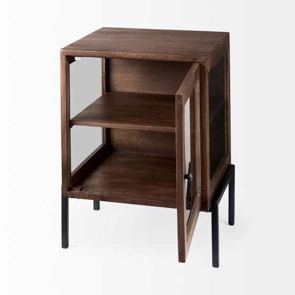 Mercana Arelius End Table: Elegant Mango Wood with Glass Shadowbox and Matte Black Frame for Modern Living Medium Brown Wood | Black Metal 69302