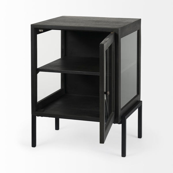 Mercana Arelius End Table: Elegant Mango Wood with Glass Shadowbox and Matte Black Frame for Modern Living Dark Black-Brown Wood | Black Metal 69207