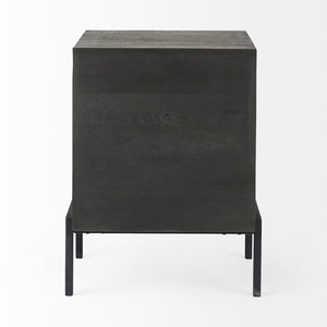 Mercana Arelius End Table: Elegant Mango Wood with Glass Shadowbox and Matte Black Frame for Modern Living Dark Black-Brown Wood | Black Metal 69207
