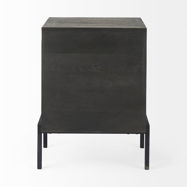 Mercana Arelius End Table: Elegant Mango Wood with Glass Shadowbox and Matte Black Frame for Modern Living Dark Black-Brown Wood | Black Metal 69207