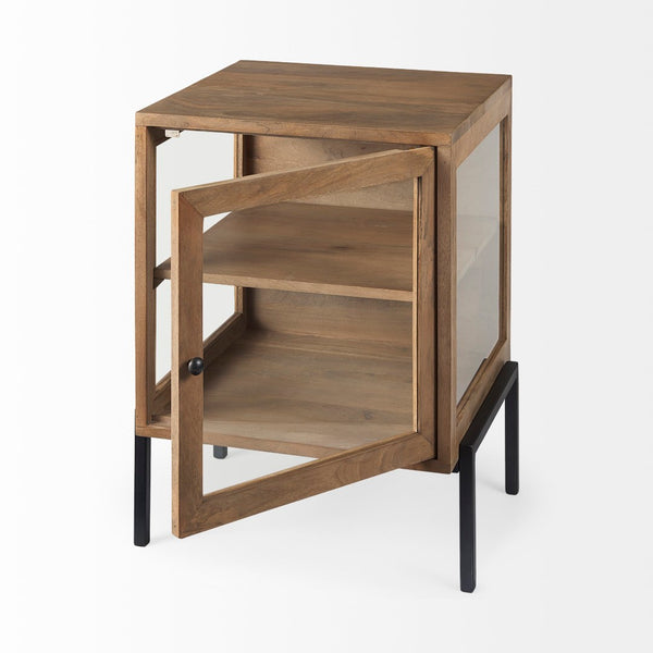 Mercana Arelius End Table: Elegant Mango Wood with Glass Shadowbox and Matte Black Frame for Modern Living Light Brown Wood | Black Metal 69206