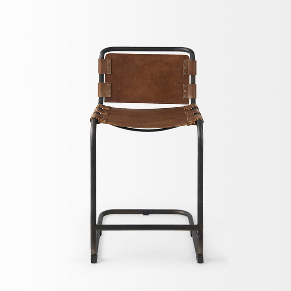 Mercana Berbick Industrial Counter Stool with Full-Back Support and Sturdy Iron Frame for Modern Spaces Brown Leather | Gray Metal | Counter 69277
