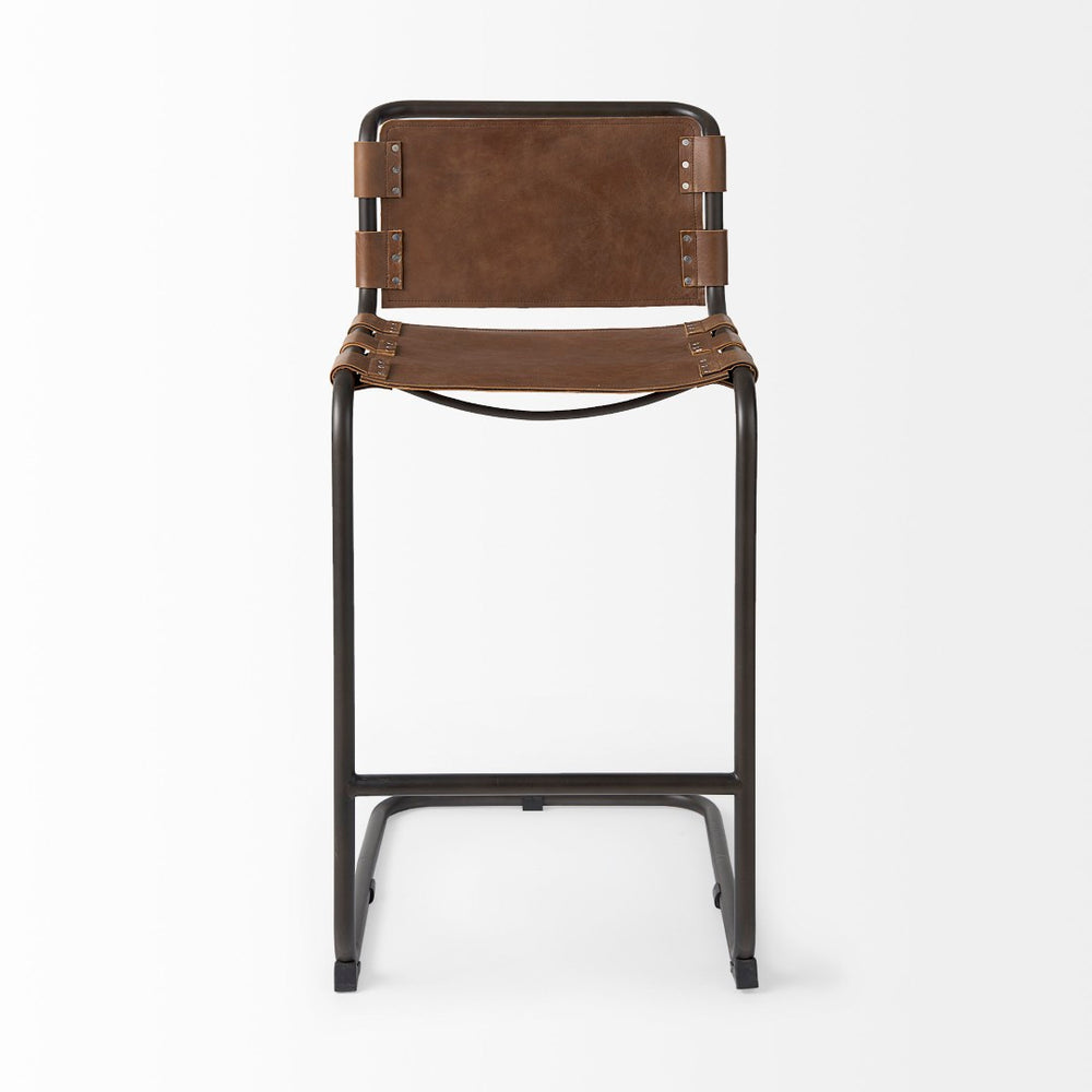 Mercana Berbick Industrial Counter Stool with Full-Back Support and Sturdy Iron Frame for Modern Spaces Brown Leather | Gray Metal | Bar 69280