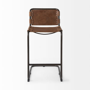 Mercana Berbick Industrial Counter Stool with Full-Back Support and Sturdy Iron Frame for Modern Spaces Brown Leather | Gray Metal | Bar 69280