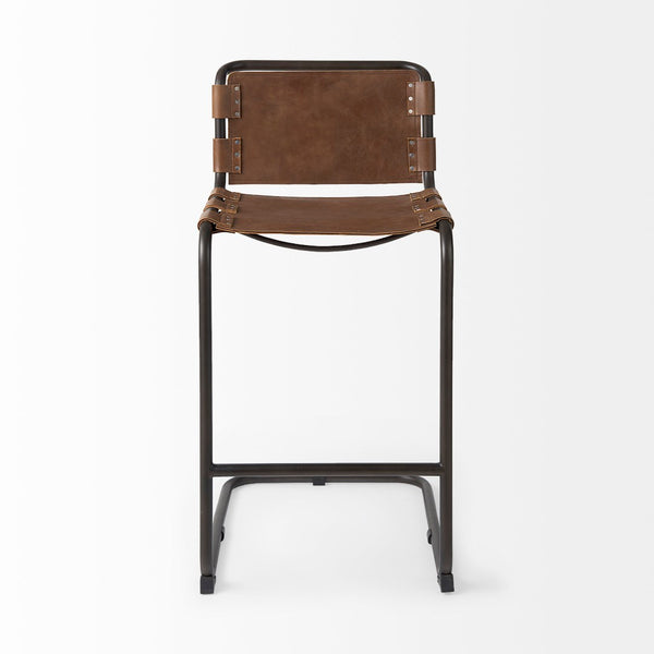 Mercana Berbick Industrial Counter Stool with Full-Back Support and Sturdy Iron Frame for Modern Spaces Brown Leather | Gray Metal | Bar 69280