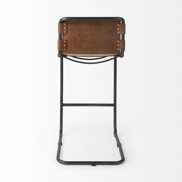 Mercana Berbick Industrial Counter Stool with Full-Back Support and Sturdy Iron Frame for Modern Spaces Brown Leather | Gray Metal | Bar 69280