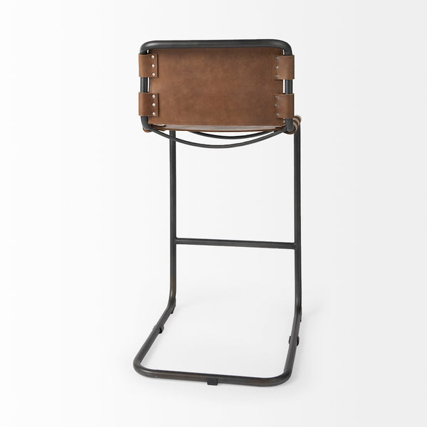 Mercana Berbick Industrial Counter Stool with Full-Back Support and Sturdy Iron Frame for Modern Spaces Brown Leather | Gray Metal | Bar 69280