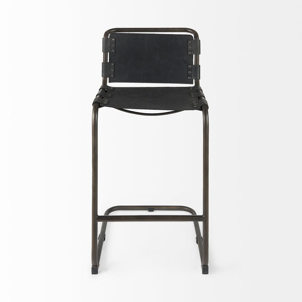 Mercana Berbick Industrial Counter Stool with Full-Back Support and Sturdy Iron Frame for Modern Spaces Black Leather | Gray Metal | Bar 69279