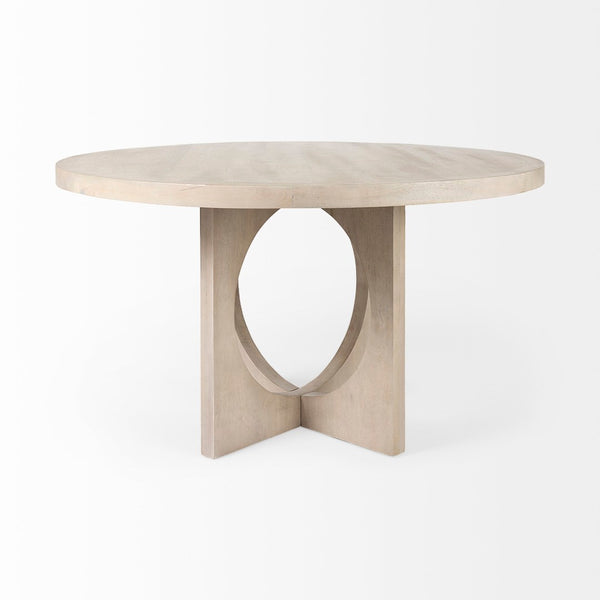 Mercana Liesl Round Solid Mango Wood Dining Table with Geometric Pedestal - Contemporary Mid-Century Design 54" Gray Wood Top | Gray Wood Base 69184