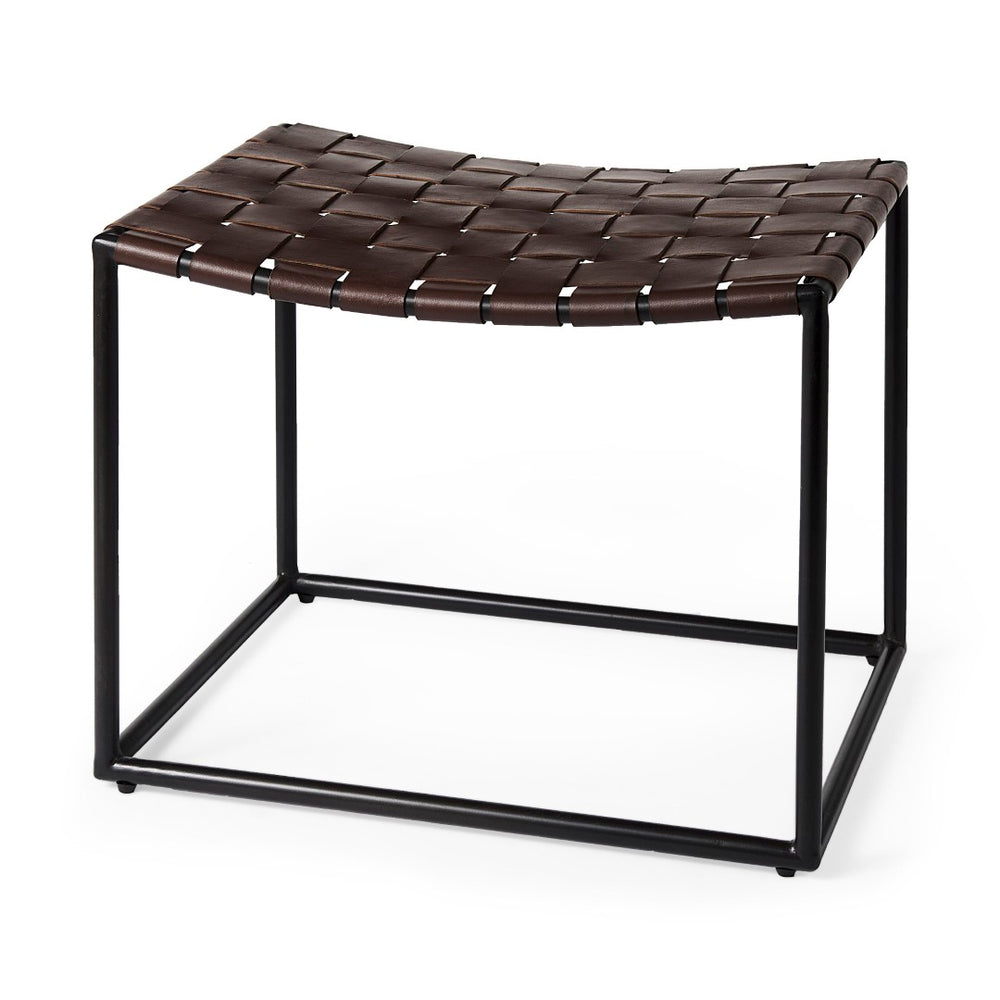 Mercana Clarissa Industrial-Style Woven Leather Stool with Sturdy Iron Frame for Stylish Home Seating Solutions 69397