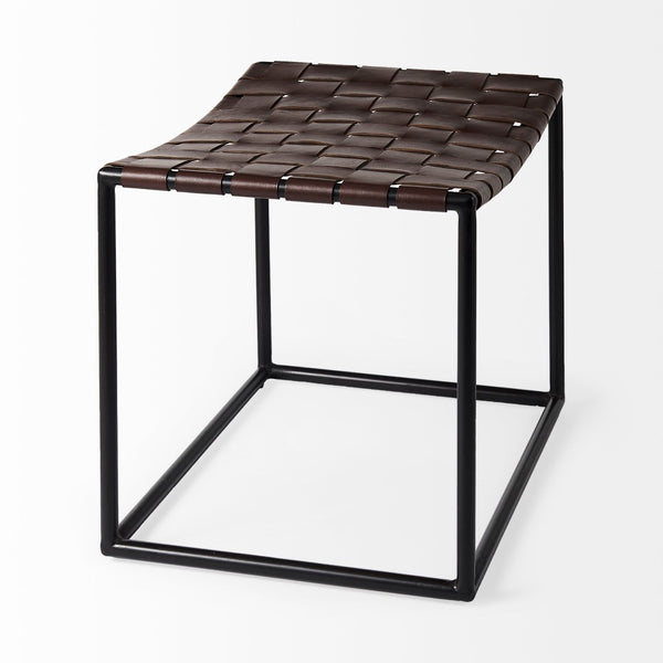 Mercana Clarissa Industrial-Style Woven Leather Stool with Sturdy Iron Frame for Stylish Home Seating Solutions 69397