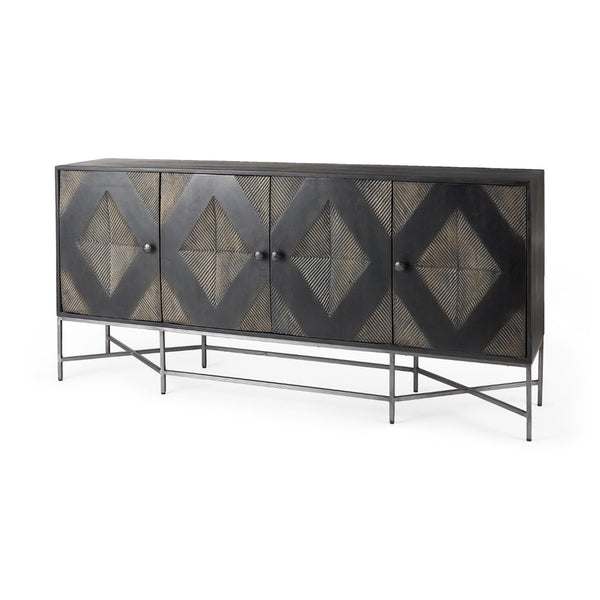 Mercana Hogarth 72-Inch Two-Tone Solid Wood Sideboard with Geometric Doors – Stylish Storage for Any Space Dark Brown & Black Wood | Silver Metal 50431