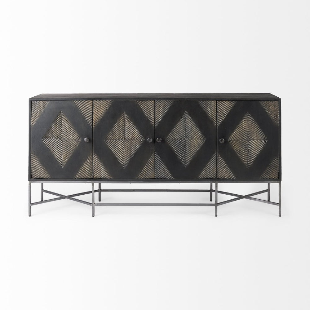 Mercana Hogarth 72-Inch Two-Tone Solid Wood Sideboard with Geometric Doors – Stylish Storage for Any Space Dark Brown & Black Wood | Silver Metal 50431