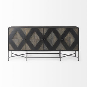 Mercana Hogarth 72-Inch Two-Tone Solid Wood Sideboard with Geometric Doors – Stylish Storage for Any Space Dark Brown & Black Wood | Silver Metal 50431