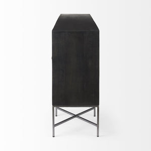 Mercana Hogarth 72-Inch Two-Tone Solid Wood Sideboard with Geometric Doors – Stylish Storage for Any Space Dark Brown & Black Wood | Silver Metal 50431