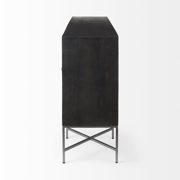 Mercana Hogarth 72-Inch Two-Tone Solid Wood Sideboard with Geometric Doors – Stylish Storage for Any Space Dark Brown & Black Wood | Silver Metal 50431