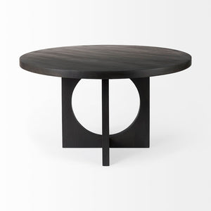 Mercana Liesl Round Solid Mango Wood Dining Table with Geometric Pedestal - Contemporary Mid-Century Design 54" Black Wood Top | Black Wood Base 69185