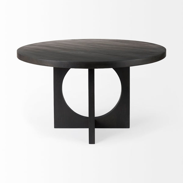 Mercana Liesl Round Solid Mango Wood Dining Table with Geometric Pedestal - Contemporary Mid-Century Design 54" Black Wood Top | Black Wood Base 69185