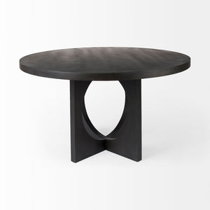 Mercana Liesl Round Solid Mango Wood Dining Table with Geometric Pedestal - Contemporary Mid-Century Design 54" Black Wood Top | Black Wood Base 69185