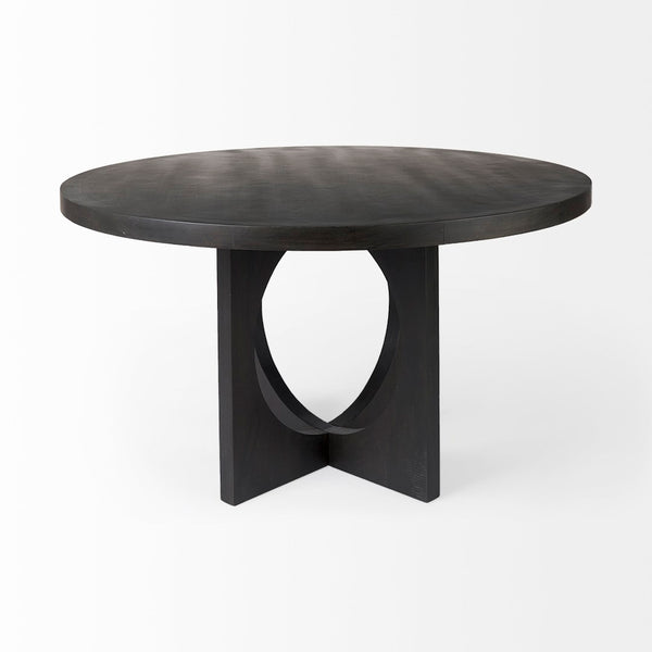 Mercana Liesl Round Solid Mango Wood Dining Table with Geometric Pedestal - Contemporary Mid-Century Design 54" Black Wood Top | Black Wood Base 69185
