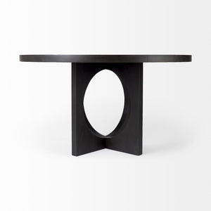 Mercana Liesl Round Solid Mango Wood Dining Table with Geometric Pedestal - Contemporary Mid-Century Design 54" Black Wood Top | Black Wood Base 69185