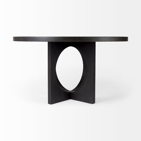 Mercana Liesl Round Solid Mango Wood Dining Table with Geometric Pedestal - Contemporary Mid-Century Design 54" Black Wood Top | Black Wood Base 69185