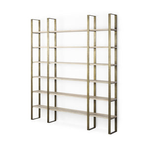 Mercana Taunton Industrial Six-Shelf Unit: Stylish Vertical Storage for Modern and Rustic Interiors, 90" Tall Light Brown Wood | Gold Metal 69230-AB