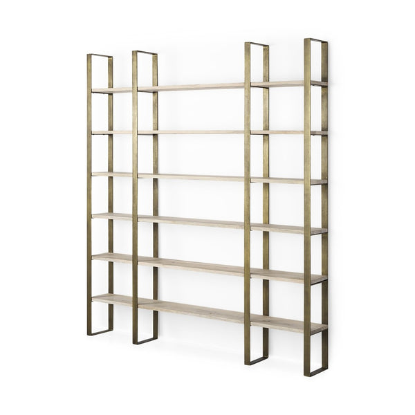 Mercana Taunton Industrial Six-Shelf Unit: Stylish Vertical Storage for Modern and Rustic Interiors, 90" Tall Light Brown Wood | Gold Metal 69230-AB