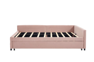 English Elm Upholstered Velvet Daybed with Pull Out Trundle Diamond Tufted Guest Bedroom Sofa Pink W1361S00066