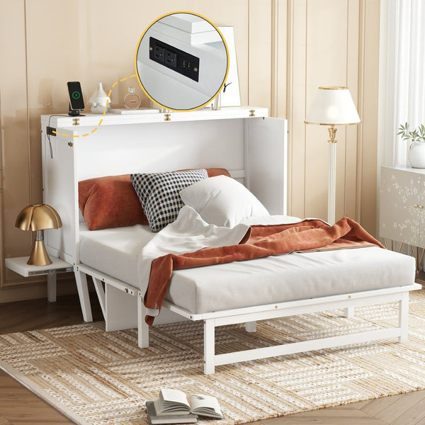 English Elm Full Size Murphy Cabinet Bed Solid Pine with Usb Charging Desk Home Office W504S00166