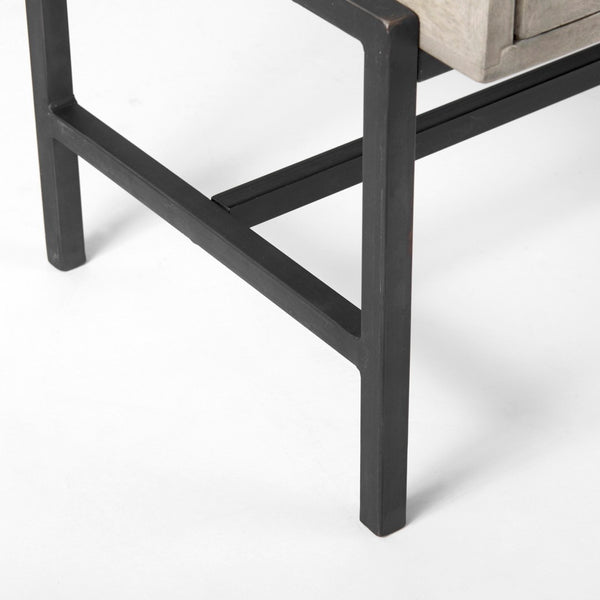 Mercana Arelius Sculptural Accent Cabinet with Glass Doors, Solid Wood & Metal Base for Modern Interiors Gray Wood | Black Metal 69291